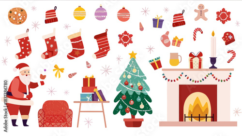 Illustration of christmas scene with santa claus tree fireplace and various christmas decorations around