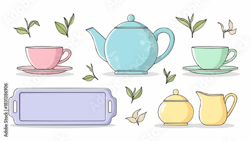 Tea Set Illustration with Teapot, Cups, and Accessories.