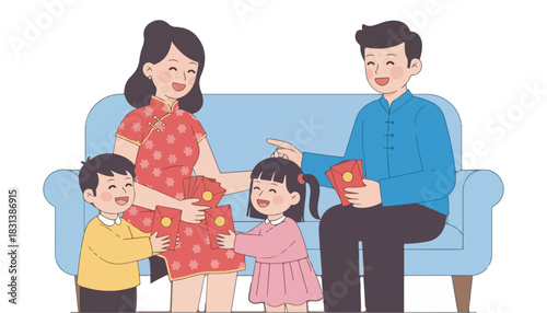 A smiling family, including parents and two children, sharing red envelopes on a blue sofa.