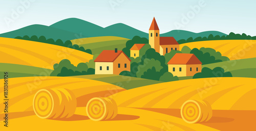 Rural village houses with church surrounded by golden hay bales.