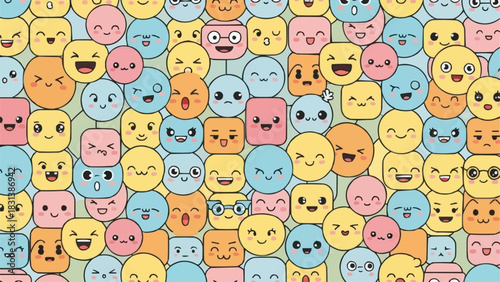 Colorful Emoji Faces Expressing Various Emotions in a Pattern.