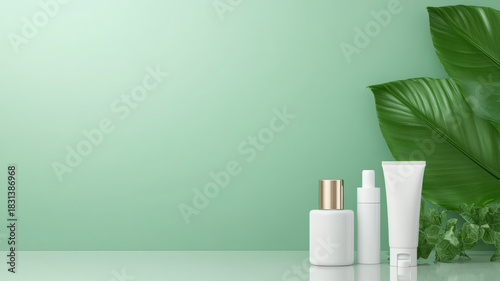 White cosmetic bottle, spray, and tube green background with tropical leaf, natural skincare