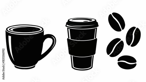 Coffee Collection - Mug, Cup, and Beans in Black Silhouette.