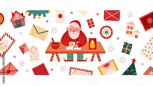 Santa claus writing letters at his desk surrounded by christmas decorations and festive envelopes art