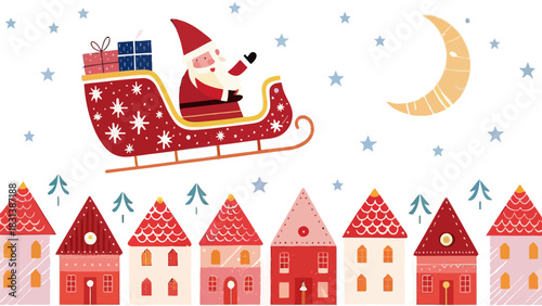 Santa claus riding a sleigh with gifts over houses with moon and stars in a christmas winter scene