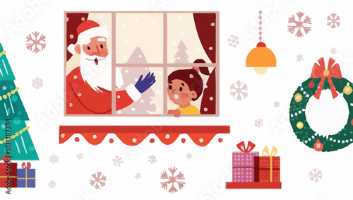 Santa claus waving to a child through a window during christmas with christmas tree and wreath present