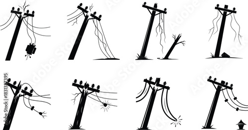 Damaged utility poles, broken power lines, infrastructure failure, leaning poles, electrical hazard, transformer spark, emergency repair, storm aftermath, maintenance issue, blackout risk