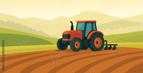 Red tractor plowing field on a sunny day in rural landscape.