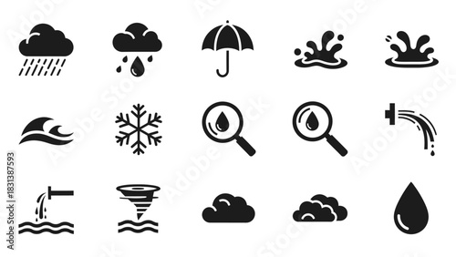 Weather and water related icons: rain, umbrella, wave, snowflake, water drop, cloud, tornado.