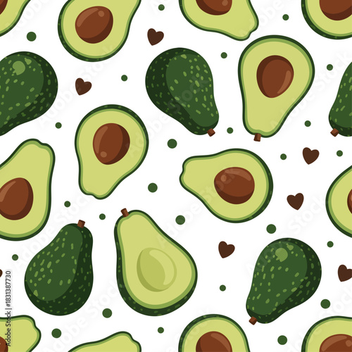 This charming seamless pattern features whole bumpy green avocados and sliced halves revealing large brown pits, playfully scattered with hearts and dots over a white backdrop