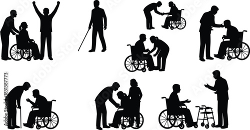 Disability support silhouette, wheelchair assistance, inclusive care scenes, mobility aid interaction, elderly help, vector icons, black graphic, minimal design