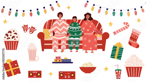 Festive scene of family on couch with christmas lights gifts and snacks in a cozy holiday setting