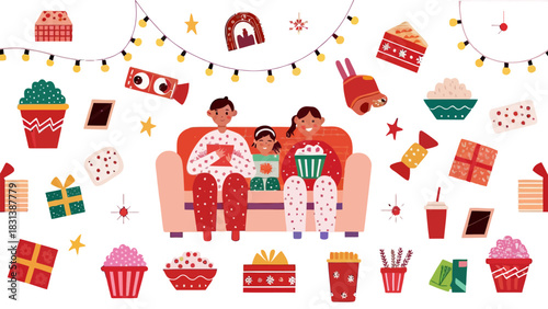 Family on couch watching movie with popcorn and gifts surrounded by christmas decorations and snacks