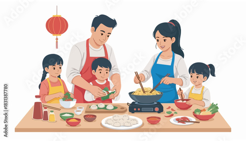 A happy family preparing and cooking a delicious meal together at a table.