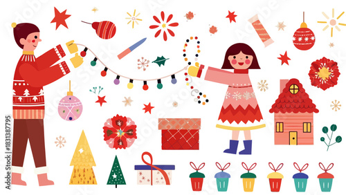 Children decorating for christmas with lights ornaments and gifts in a festive holiday scene setting