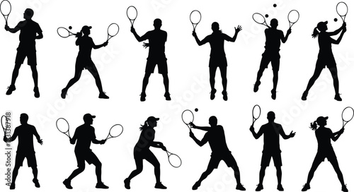Diverse collection of tennis players silhouettes, showing men and women in dynamic serving and hitting action poses, representing competitive sports and fitness