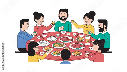 A group of people are gathered around a round table, raising their glasses in a toast during a festive meal with various dishes.