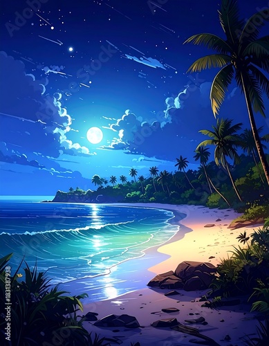 Tropical beach scene bathed in the soft glow of a full moon