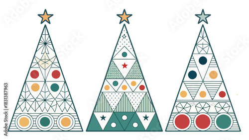 Three stylized christmas trees with geometric patterns and star toppers in a festive arrangement
