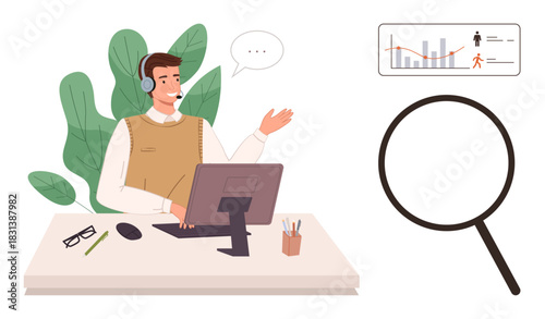 Man with headset at desk interacting through monitor, charts analyzing performance, magnifying glass for focus. Ideal for customer service, analysis, communication, support, data review, focus