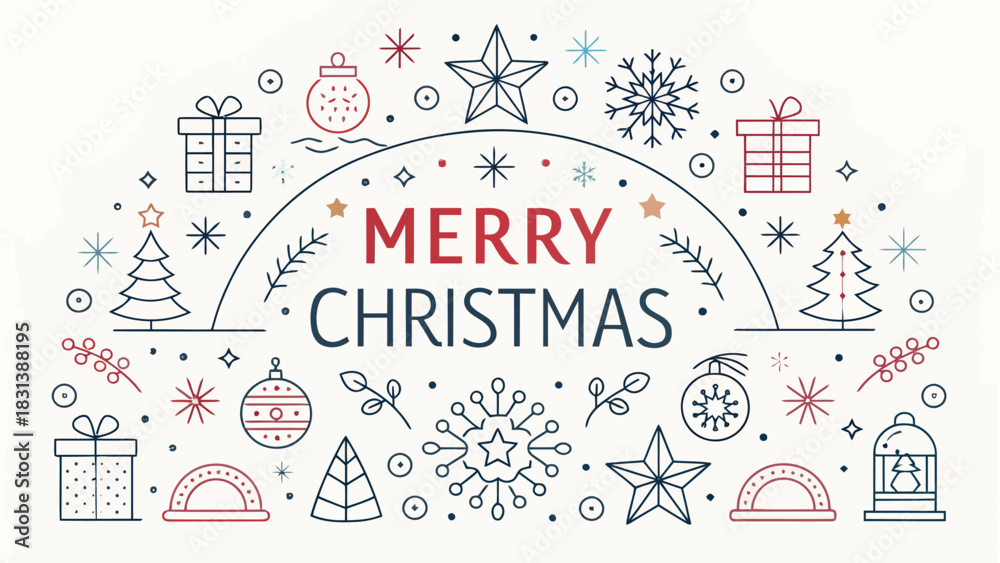 Fototapeta premium Merry christmas greeting card with decorative elements like trees gifts snowflakes and ornaments design