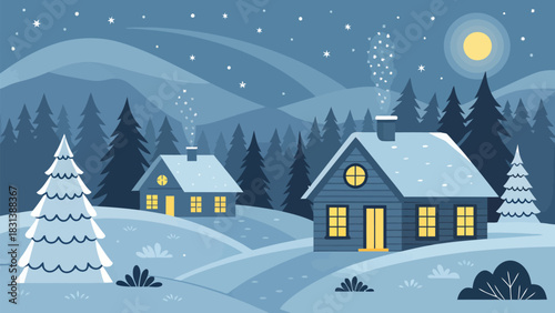 Winter landscape with houses covered in snow under a starry sky and a full moon surrounded by trees and hills