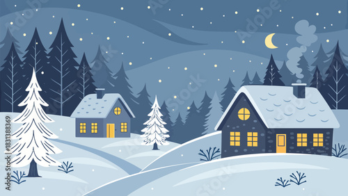 Illustration of a winter scene with snow covered houses trees and a crescent moon in the night sky