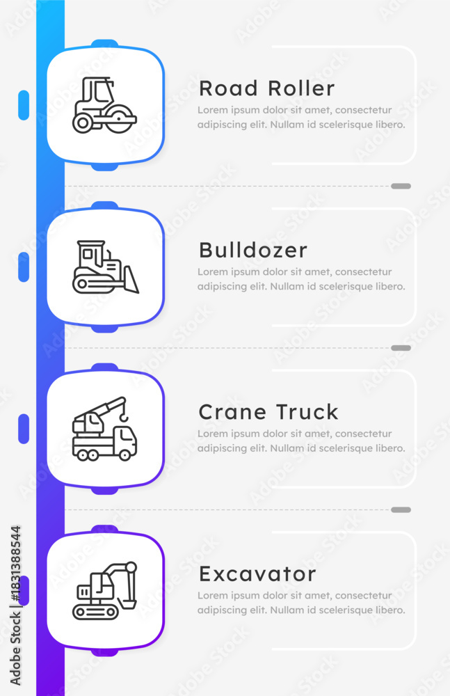 Fototapeta premium Construction vehicle types infographic 4 steps. Road roller, crane truck, Digging equipment. Heavy machinery. Road building. Editable thin line icons diagram process. Lexend font used