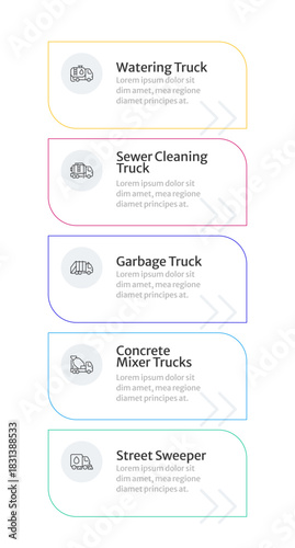 Five types of utility trucks infographic 5 steps. Industrial services, municipal utilities. Concrete mixer, watering truck. Editable thin line icons diagram process. Merriweather sans font used
