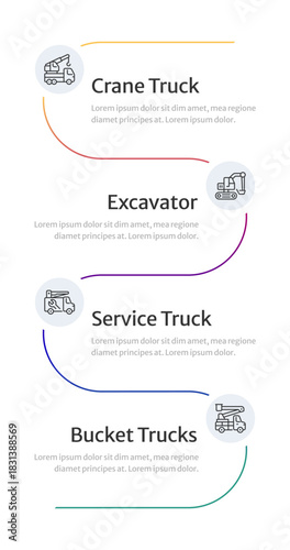 Four types of heavy machinery infographic 4 steps. Construction vehicles Utility transport. Bucket trucks, building equipment. Editable thin line icons diagram process. Merriweather sans font used