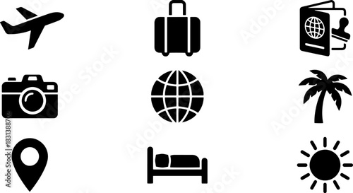 Travel and Tourism Icon Set. Vector silhouettes of airplane, luggage, passport, camera, and summer vacation symbols isolated on white background