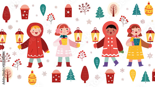 Illustration of children in winter coats holding lanterns among trees and snowflakes on white background