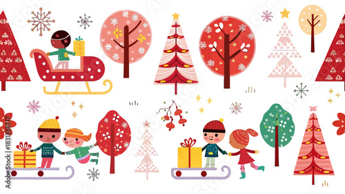 Illustration of children with gifts on sleds among christmas trees and snowflakes in winter scene