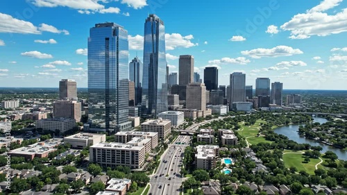 Aerial view of the uptown dallas skyline with modern skyscraper architecture, freeway, and lush green parkland on a sunny day vector illustration