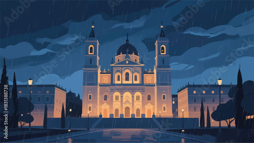 Old Church Building Illustrator Artwork Banner Background Design Template 