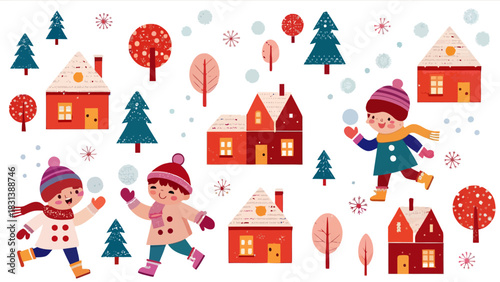 Illustration of children playing in a winter scene with houses and trees and falling snow everywhere