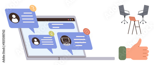 Laptop with chat messages, icons conveying tasks and progress, chairs and desk setup, and a thumbs-up hand. Ideal for teamwork, communication, feedback, collaboration, productivity technology