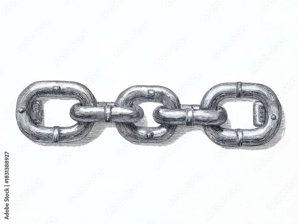 Obraz premium A close up detailed illustration of a strong metallic chain with three interconnected links against a white background