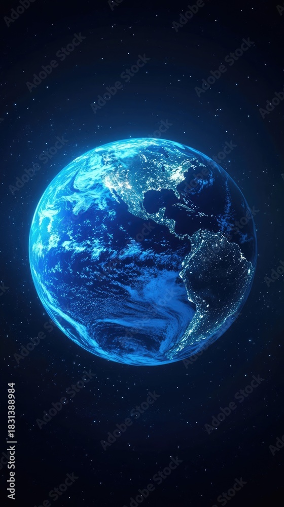 Fototapeta premium Earth's blue glow clouds, continents, cities shine in space