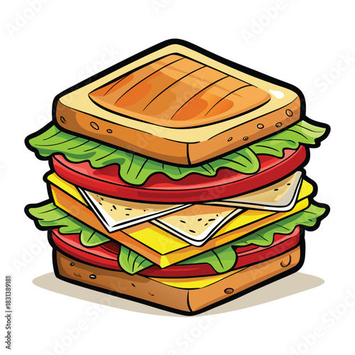 A warm and appetizing illustration of a grilled sandwich filled with cheese, lettuce, tomatoes, and layered ingredients