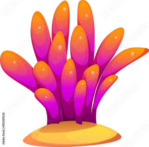 Cartoon underwater seaweed, coral reef sponge. Tropical sea underwater coral reef isolated vector algae plant. Aquarium or ocean aquatic seaweed with pink and orange color leaves growing from sand