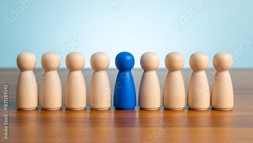 Blue wooden figure stands out among the natural wood figures group