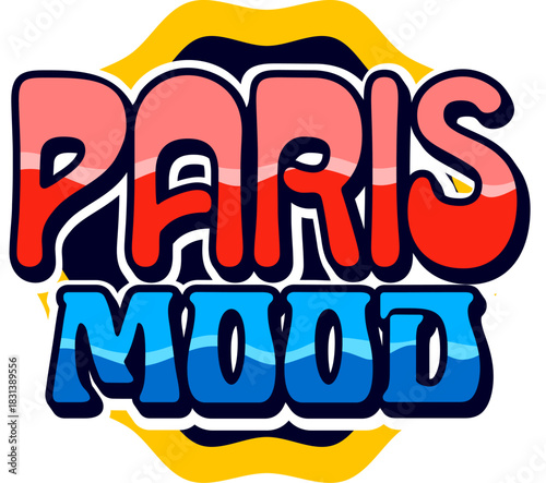 France Paris mood vintage Y2K sticker or label. French tourism vintage vector patch, European nation travel souvenir Y2K label. France culture 60s 70s sticker or tag with colorful typography