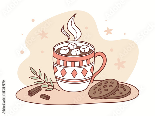 Cozy Christmas Hot Chocolate Mug with Cookies Illustration