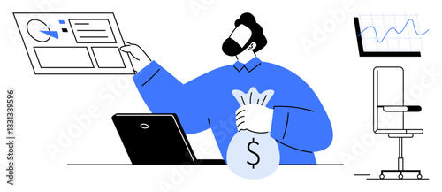 Man holding money bag reviews data report beside a laptop and graph. Ideal for finance, productivity, analytics, success, strategy, management, and business themes. Simple flat metaphor
