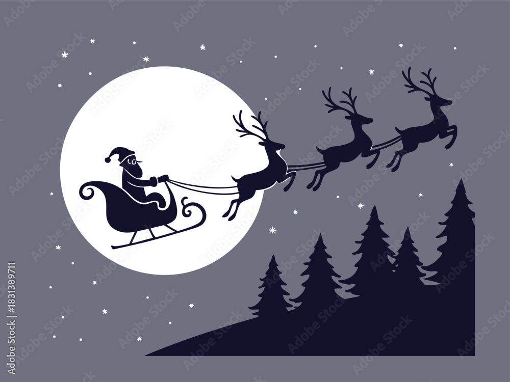 Naklejka premium Reindeer Pulling Santa Sleigh Under Full Moon