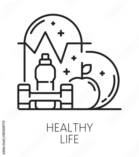 Healthy lifestyle life skills line icon or symbol. Personal quality thin line vector symbol, human potential icon. People healthy life skills pictogram with fitness dumbbell, water bottle and apple