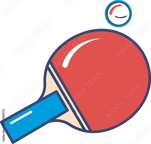 Colorful vector illustration of a table tennis racket (paddle) and ball. Simplified graphic for indoor sports clubs, game apps, speed promotion, or ping pong competition branding and apparel.