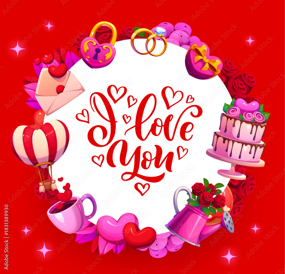 Naklejka premium Valentine day greeting card for love holiday with hearts and flowers, vector background. Valentine day or wedding marriage greeting card, I Love You quote in frame of balloon, wedding rings and gifts