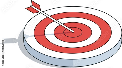 Isometric vector illustration of an archery target (red and white rings) with an arrow hitting near the bullseye. Flat design for goal tracking apps, achievement graphics, and precision sports design.
